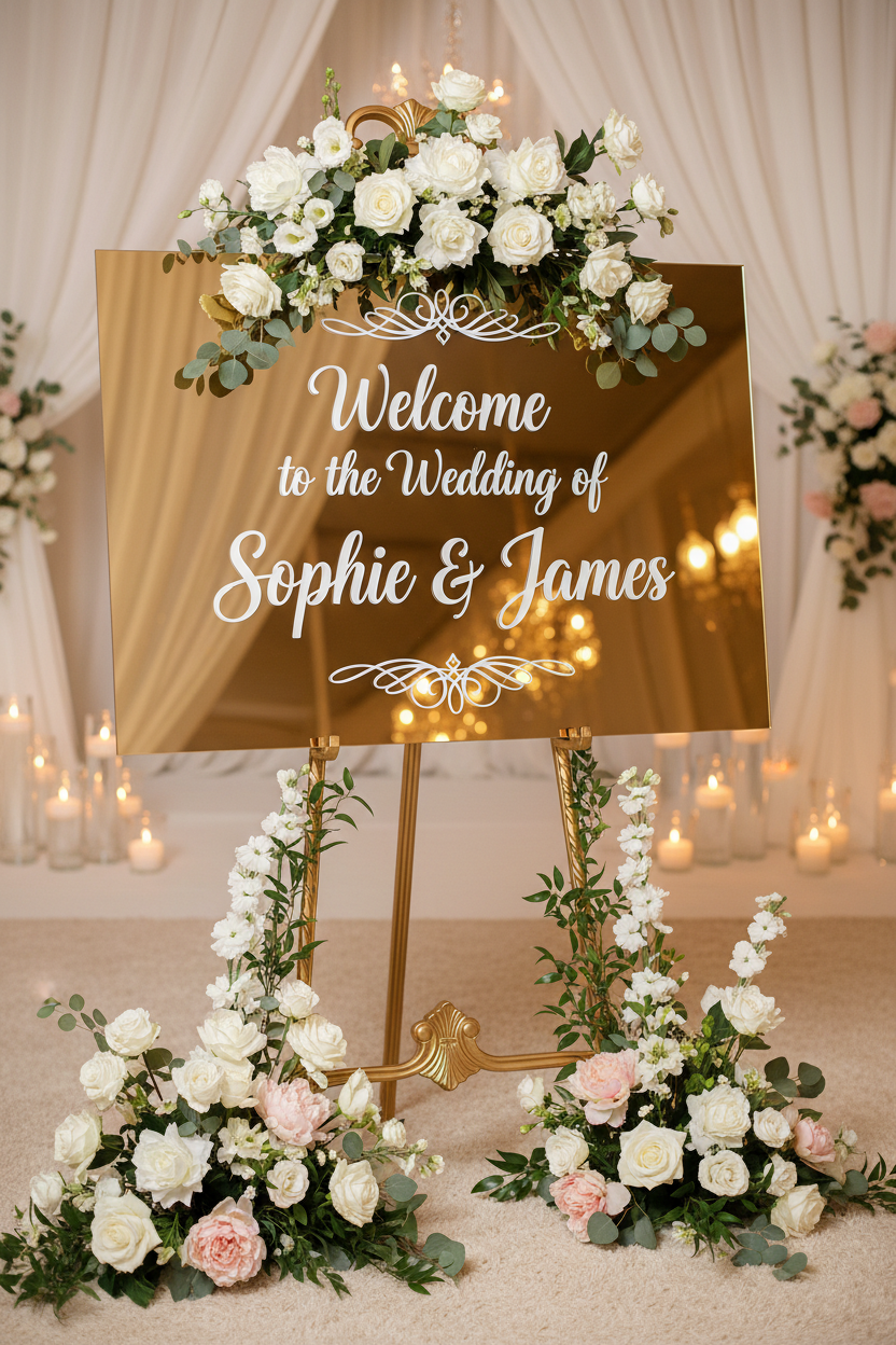 Mirror gold acrylic wedding sign on easel with floral arrangement - Sophie & James