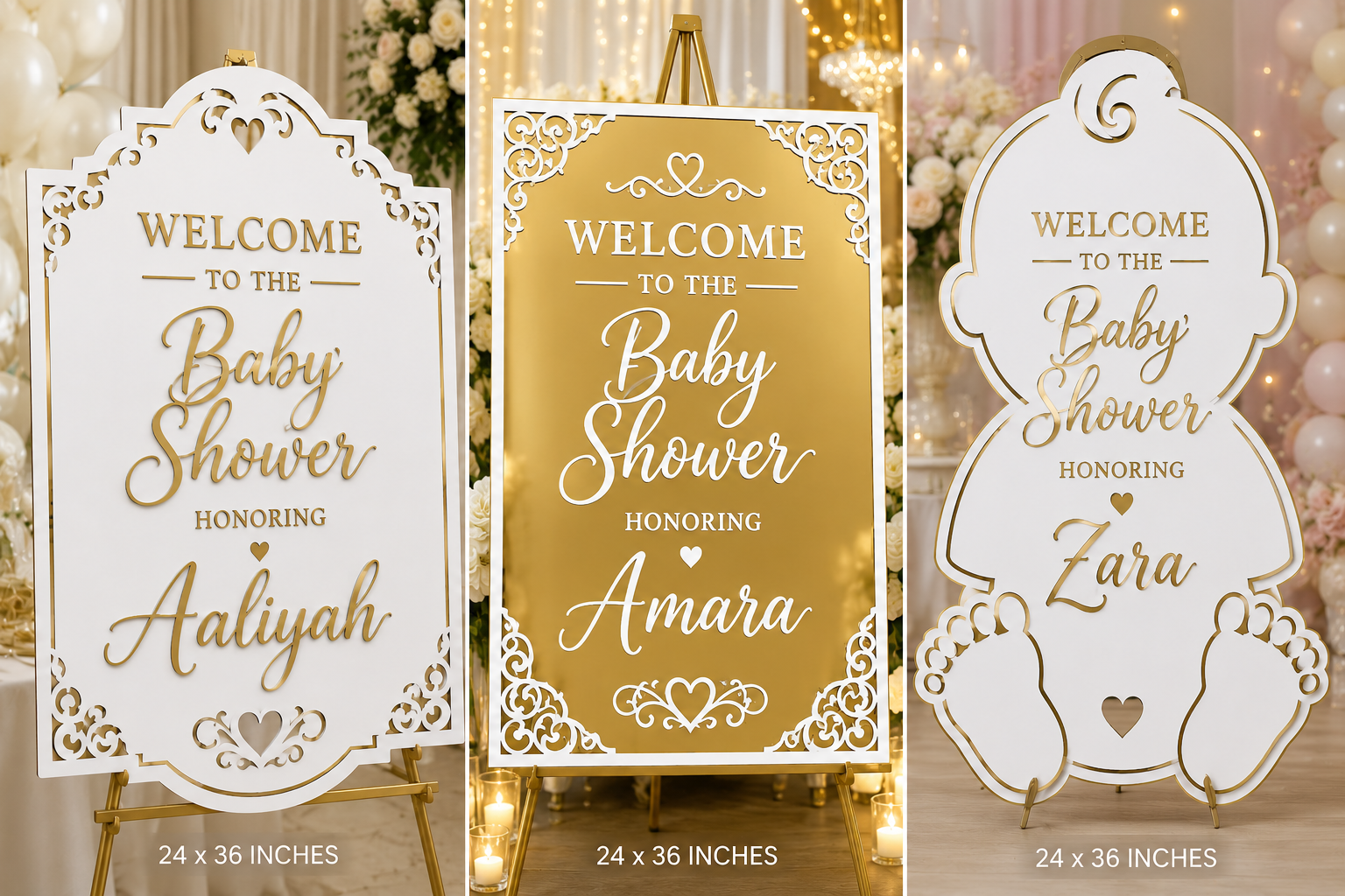 Ornate Laser Cut Baby Shower Welcome Sign · White & Gold