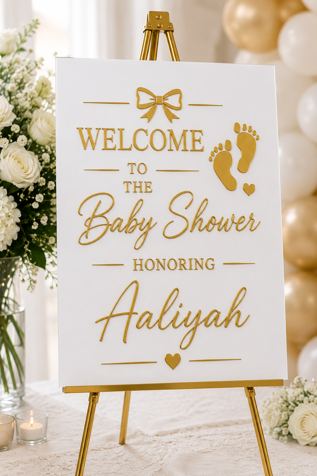 White & Gold Bow Baby Shower Welcome Sign