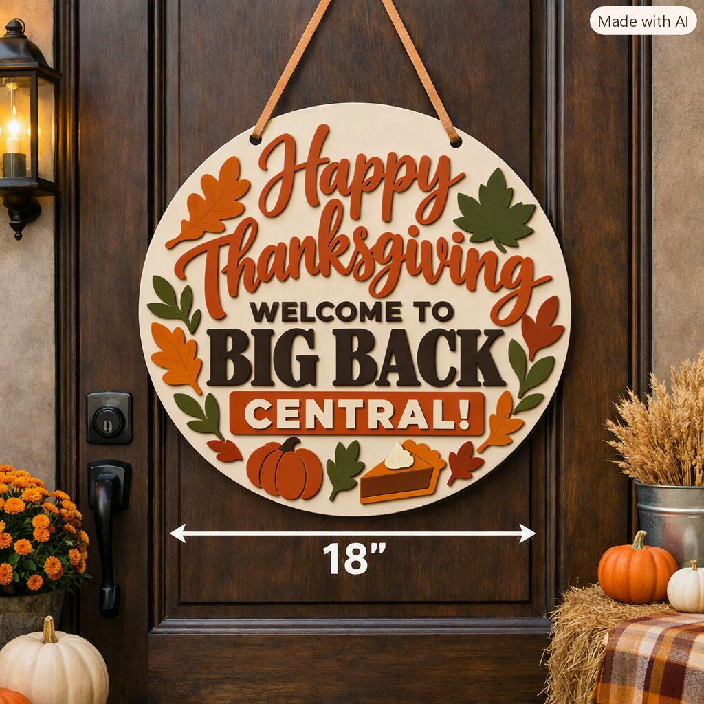 Funny Thanksgiving Door Sign | Welcome to Big Back Central | 18" Round Wood Holiday Sign