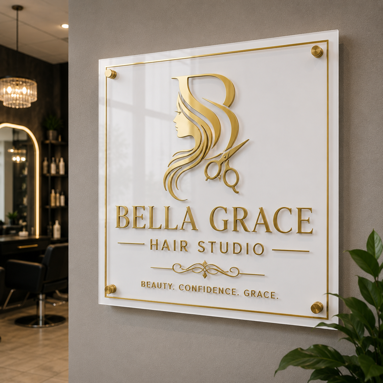 Personalized Hair Salon Sign | Custom Acrylic Beauty Studio Decor – Mirrored Gold
