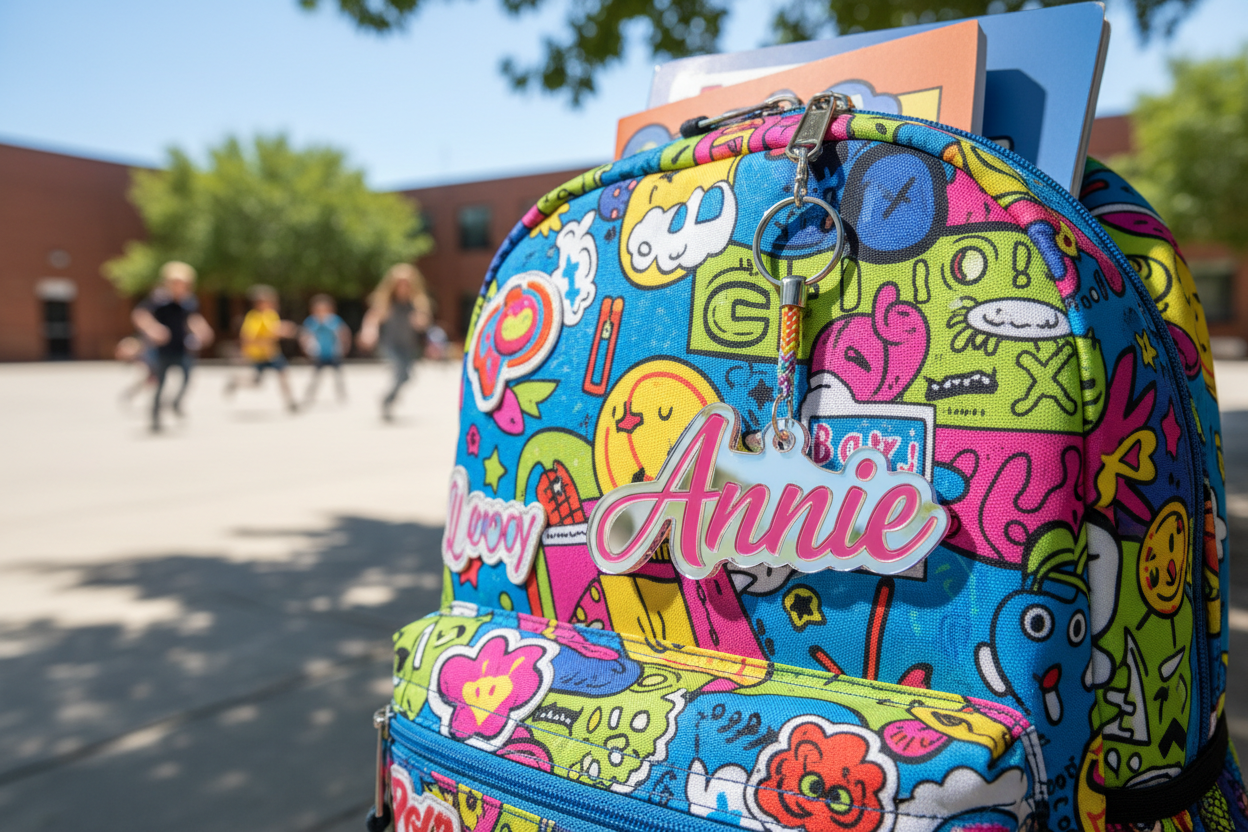 Annie Name Tag on School Backpack - Horizontal