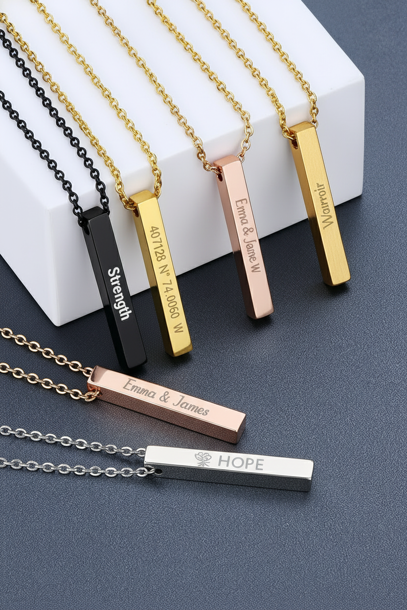 Bar necklaces with GPS coordinates engraving