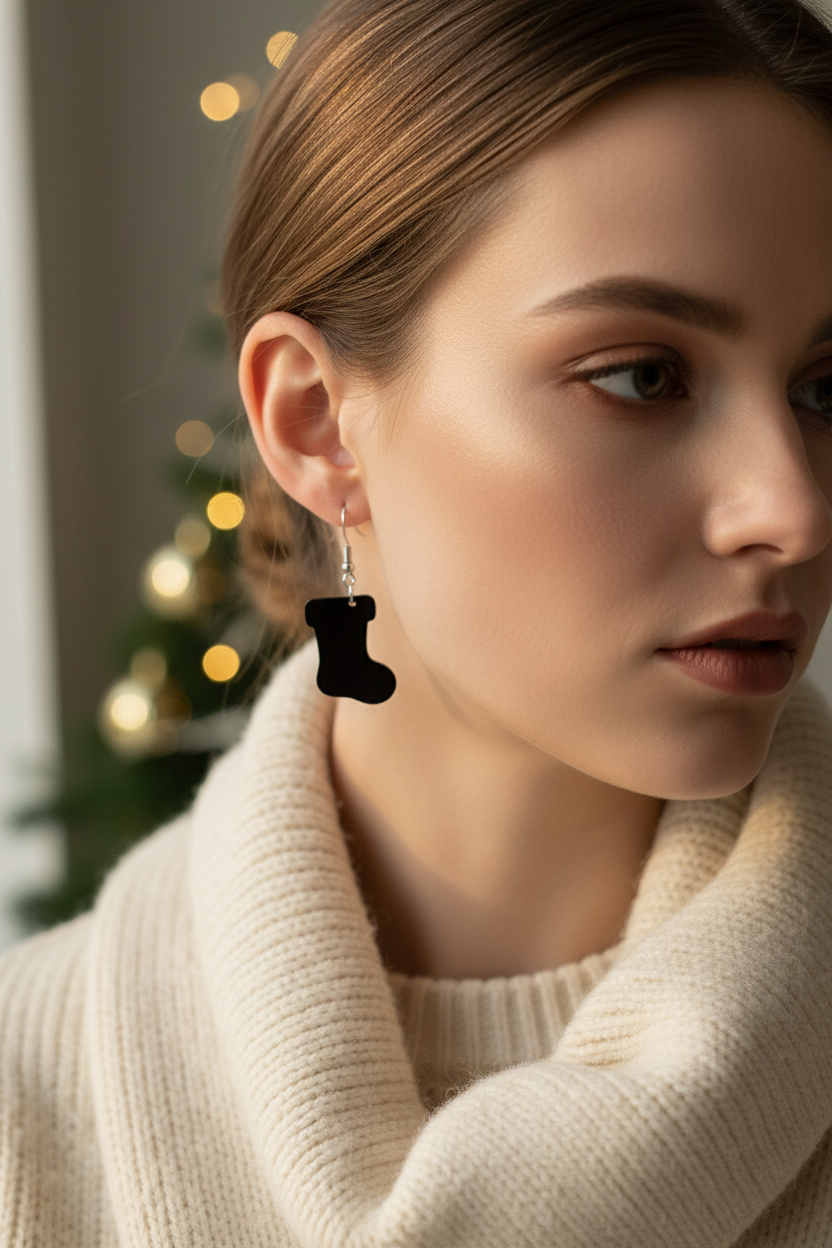 Black acrylic stocking earrings lifestyle mockup on model