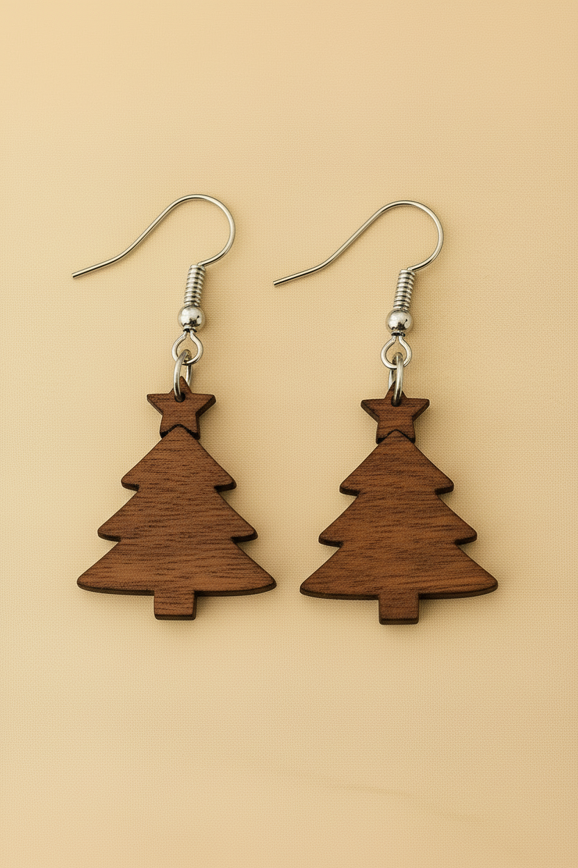 Brown wood Christmas tree earrings pair