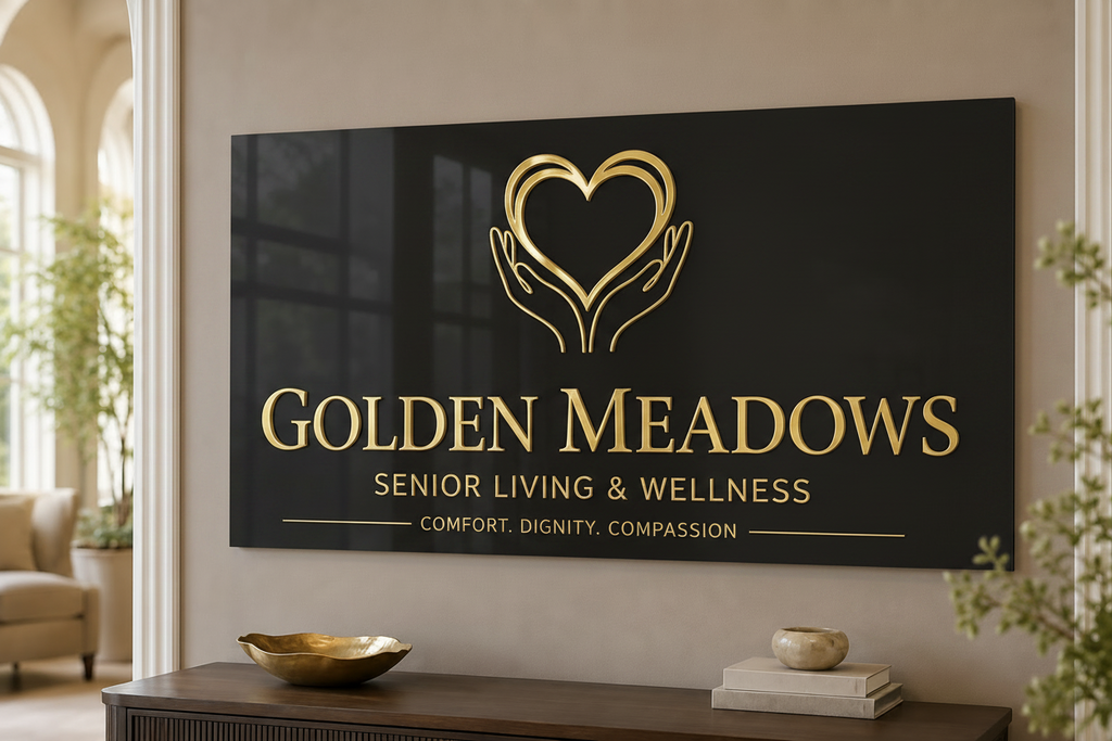 Custom Assisted Living Lobby Sign | Personalized Acrylic Gold 3D Logo Sign