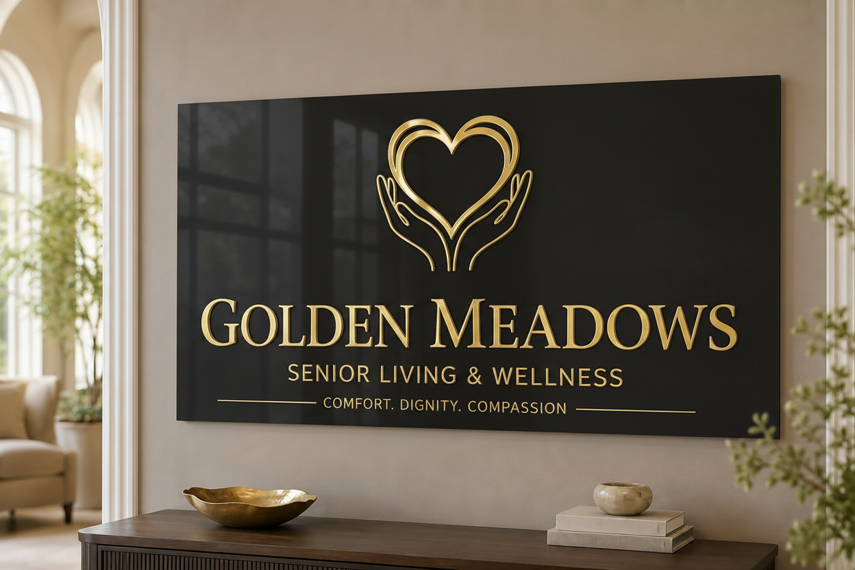 Custom Assisted Living Lobby Sign | Personalized Acrylic Gold 3D Logo Sign