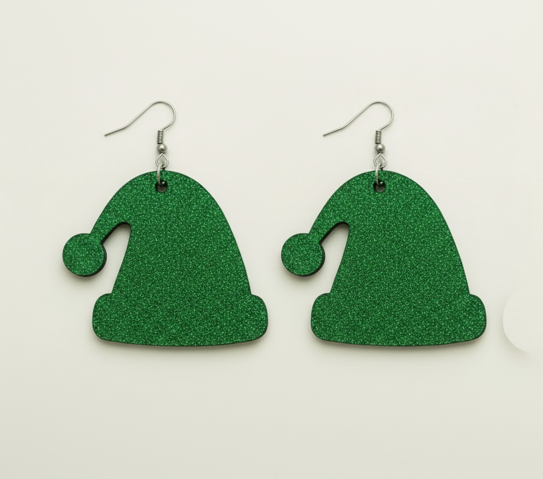 Green glitter Santa hat earring pair