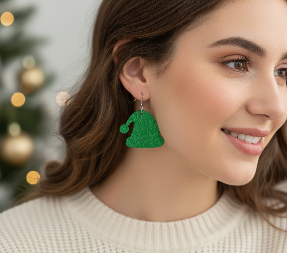 Green glitter Santa hat earrings lifestyle shot on young adult model