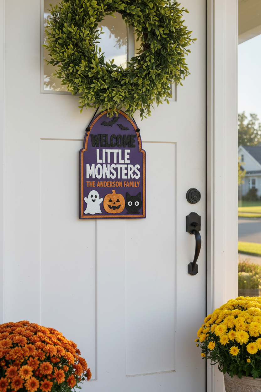 Personalized Halloween Door Sign – Custom "Little Monsters" Family Acrylic Decor