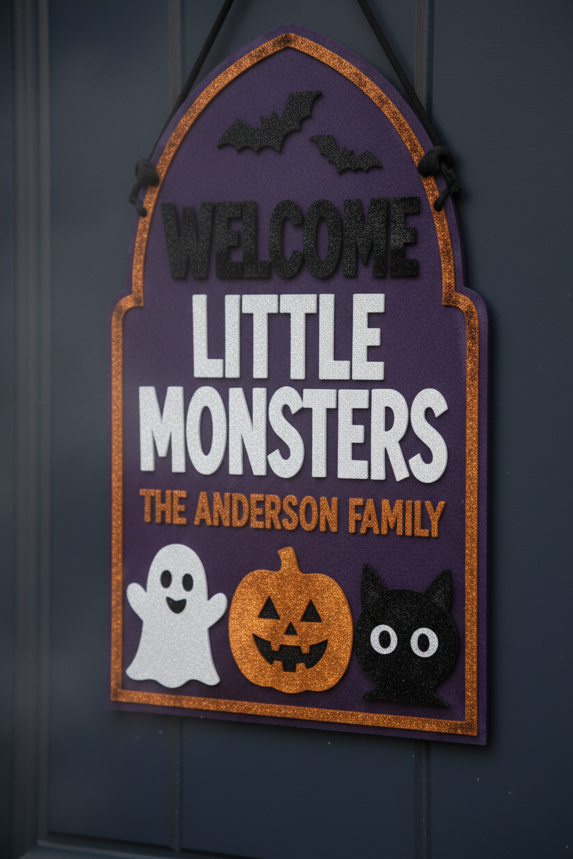 Personalized Halloween Door Sign – Custom "Little Monsters" Family Acrylic Decor