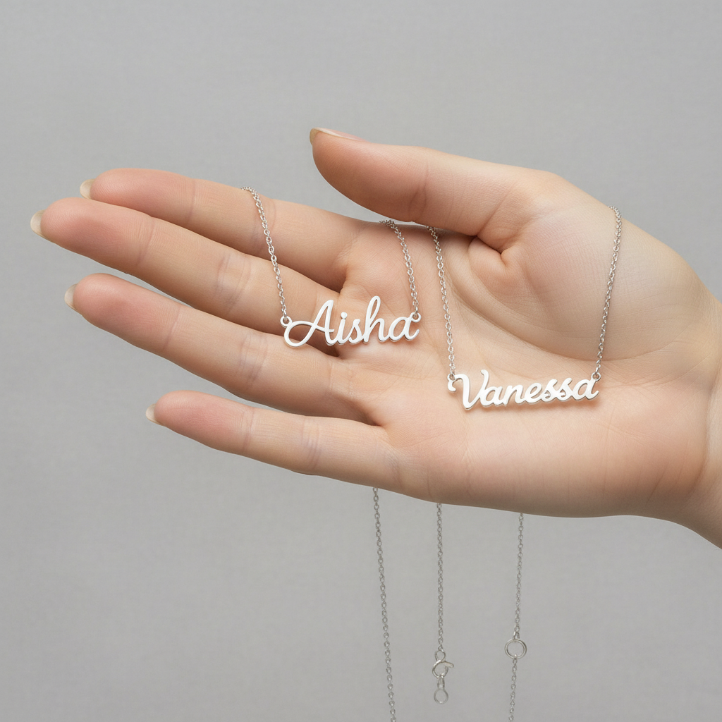 Hand model displaying Aisha and Vanessa name necklaces