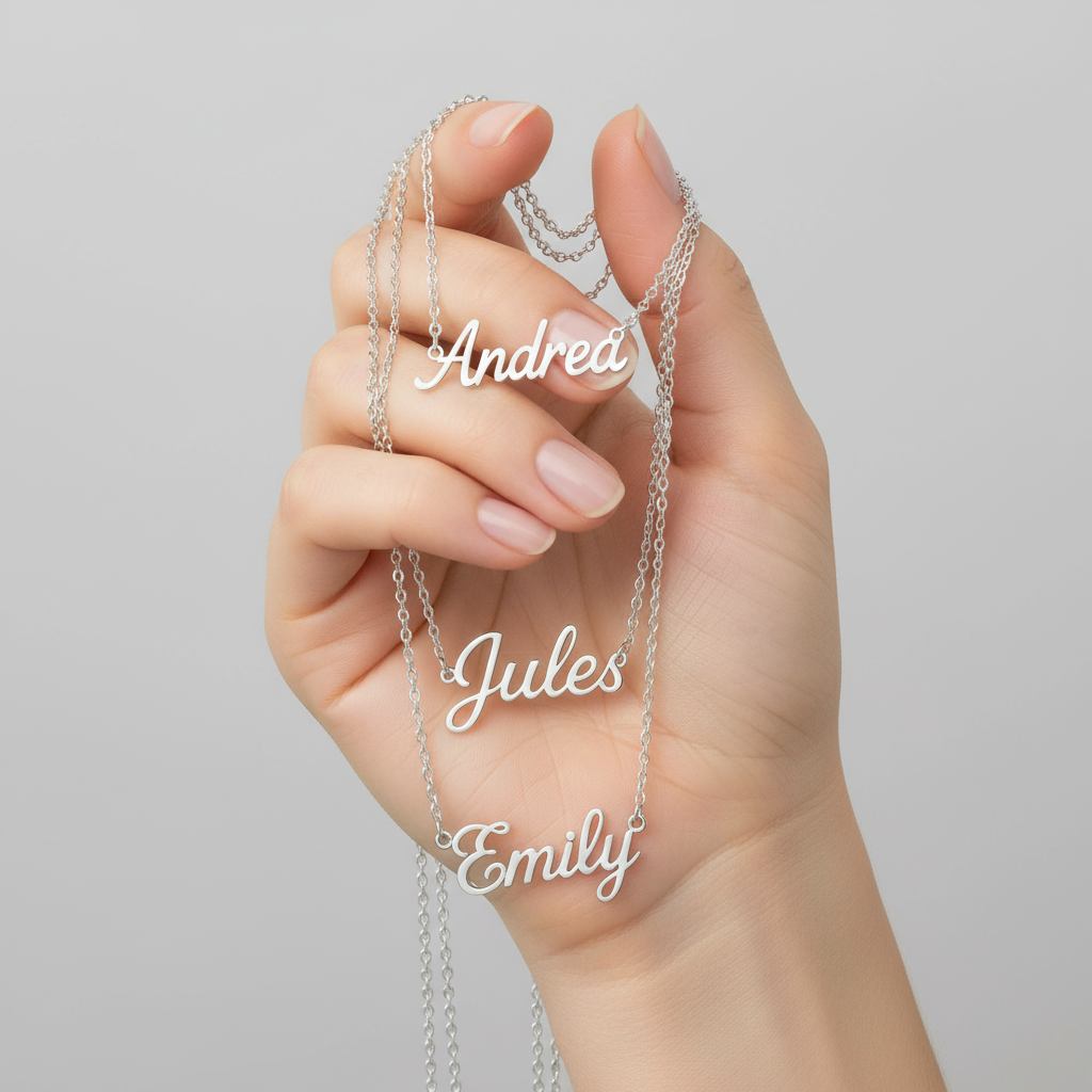 Hand model displaying Andrea, Jules, and Emily name necklaces