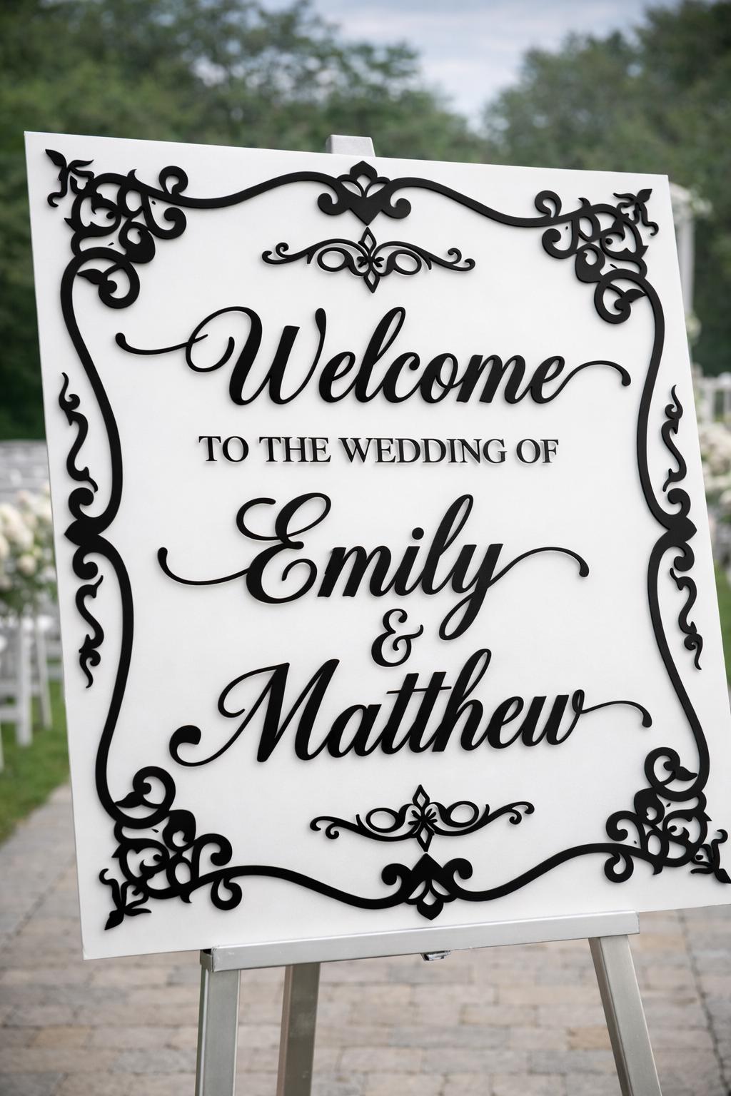 Personalized Wedding Welcome Sign | White Black Acrylic Laser Cut Bridal Entrance Decor