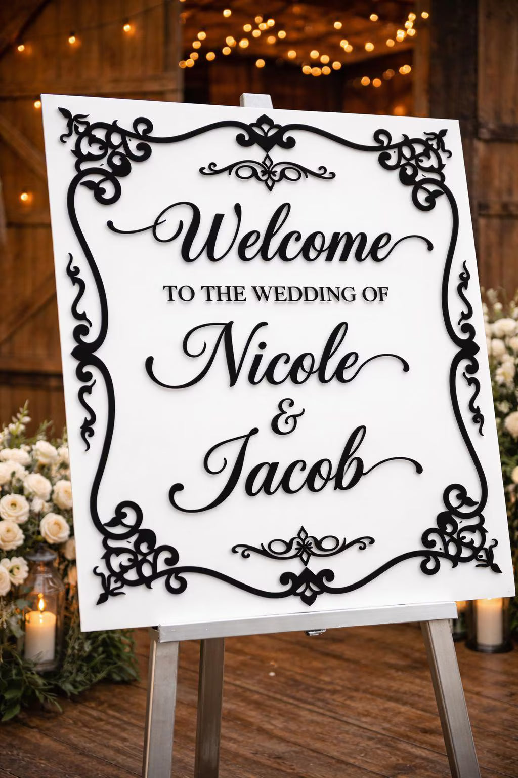Personalized Wedding Welcome Sign | White Black Acrylic Laser Cut Bridal Entrance Decor