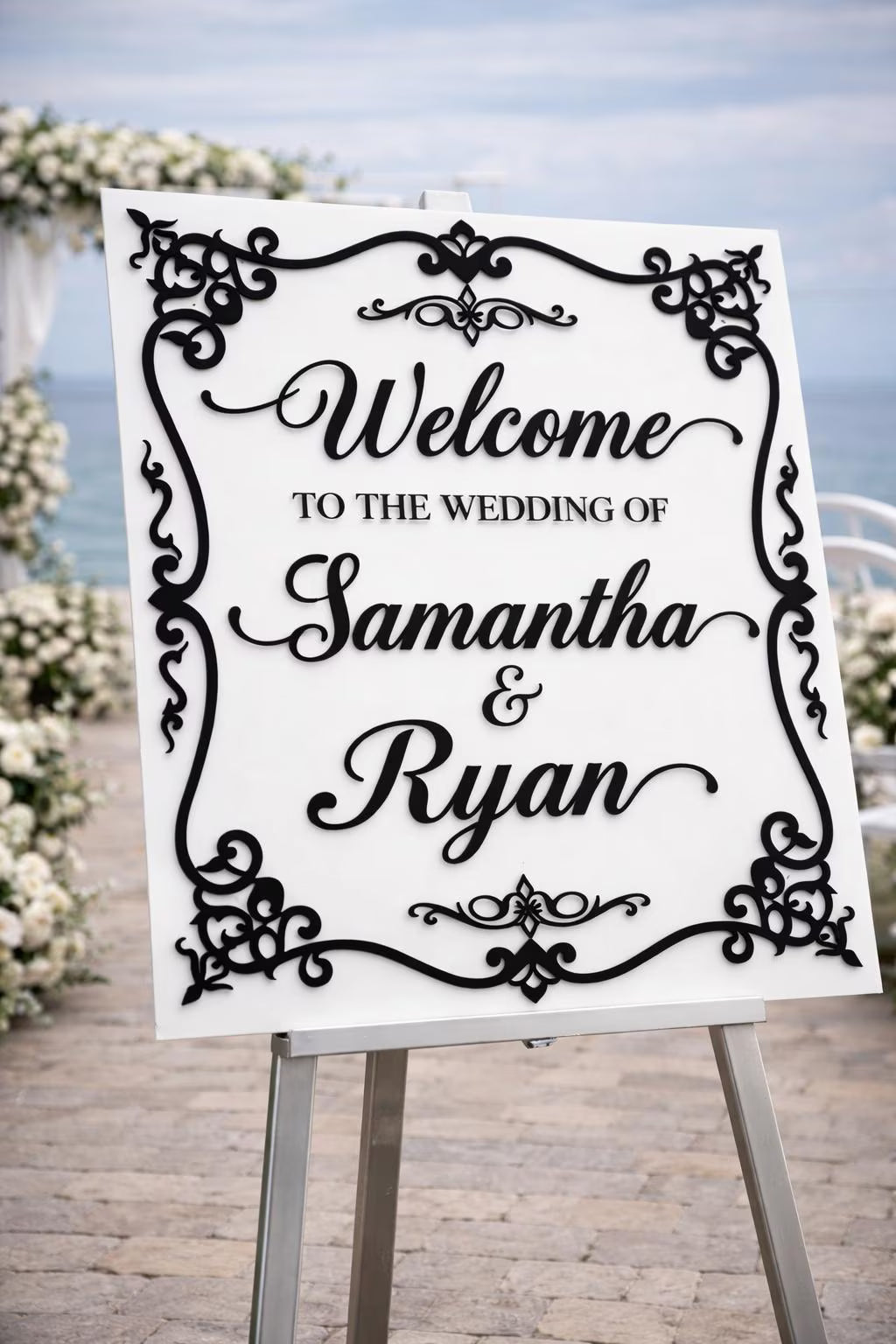 Personalized Wedding Welcome Sign | White Black Acrylic Laser Cut Bridal Entrance Decor
