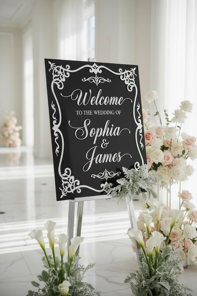 Personalized Wedding Welcome Sign | White Black Acrylic Laser Cut Bridal Entrance Decor