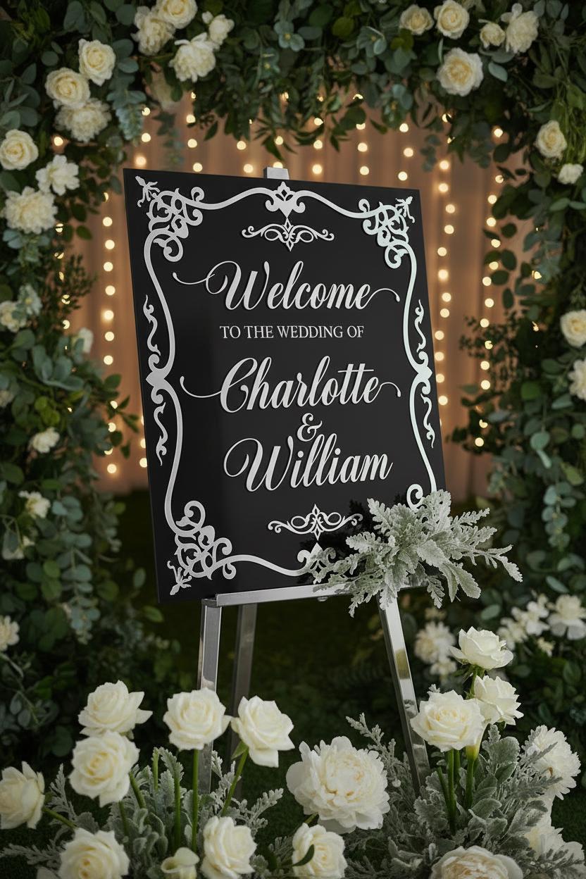 Personalized Wedding Welcome Sign | White Black Acrylic Laser Cut Bridal Entrance Decor