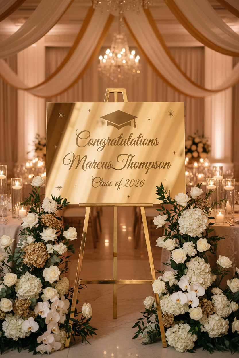 Mirror gold acrylic graduation sign on easel with champagne florals - Marcus Thompson