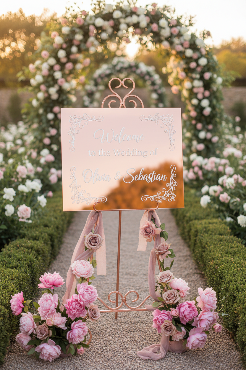 Rose gold acrylic wedding sign on easel with blush peonies - Olivia & Sebastian