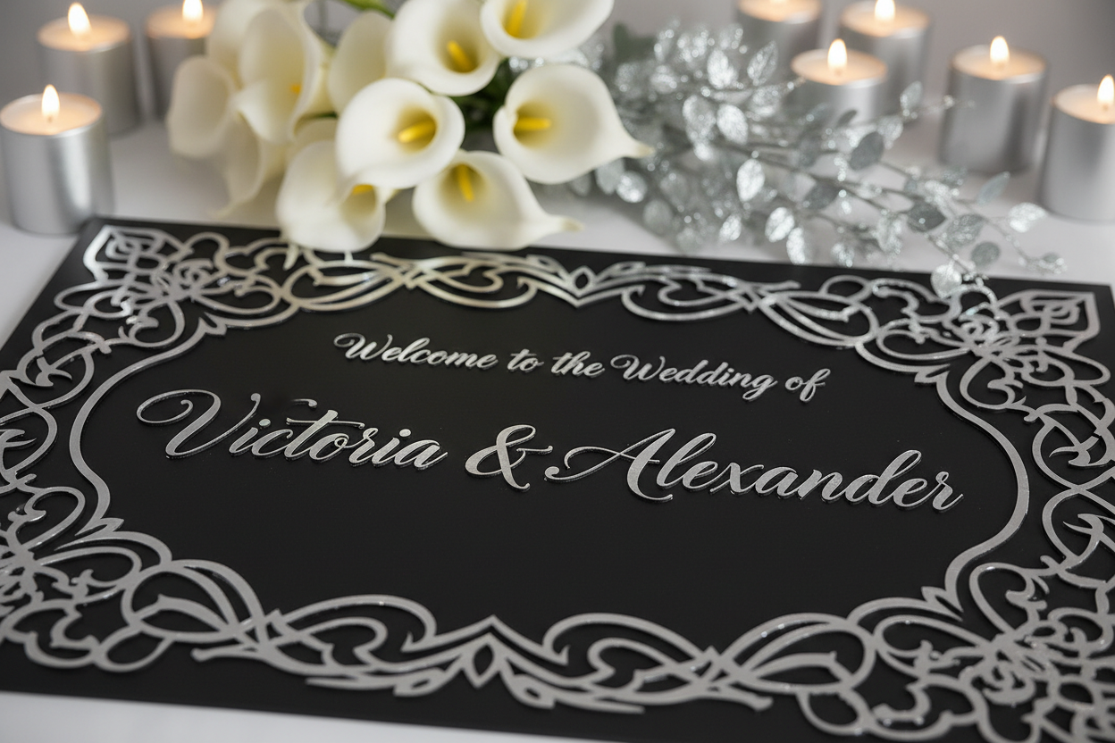 Close-up of black acrylic wedding sign with silver lettering