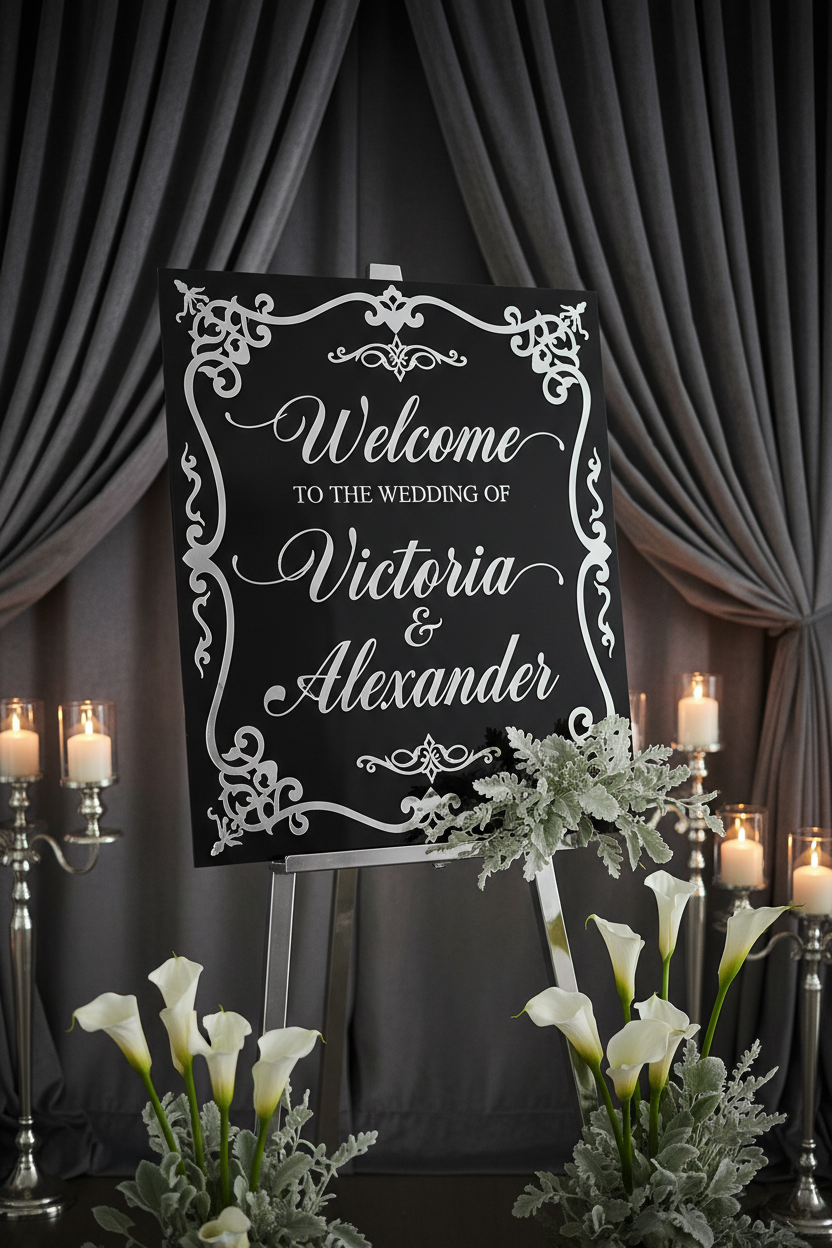 Black acrylic wedding sign on silver easel with white calla lilies - Victoria & Alexander