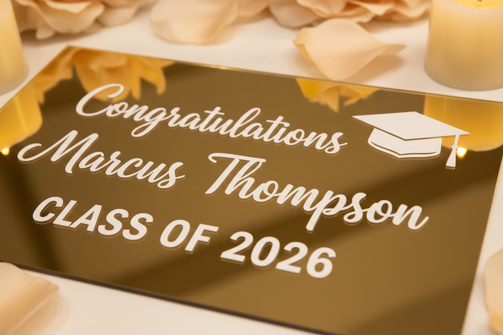 Close-up of mirror gold acrylic wedding sign with white lettering