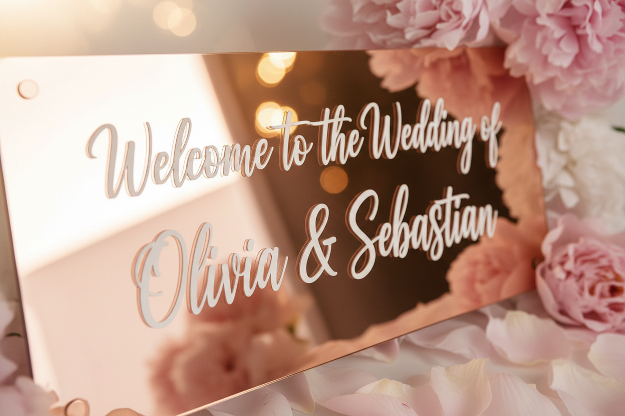 Close-up of rose gold acrylic wedding sign with white lettering