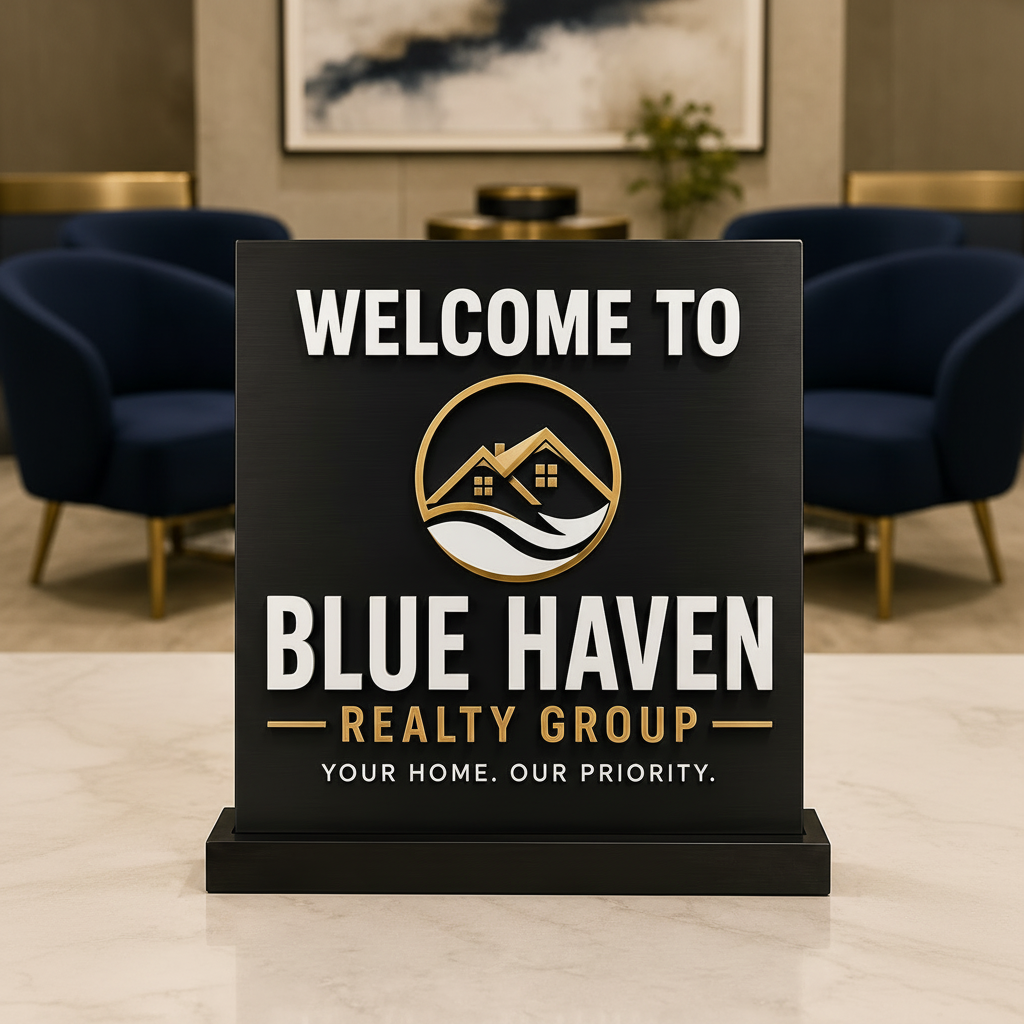 Black acrylic Blue Haven Realty Group welcome sign
