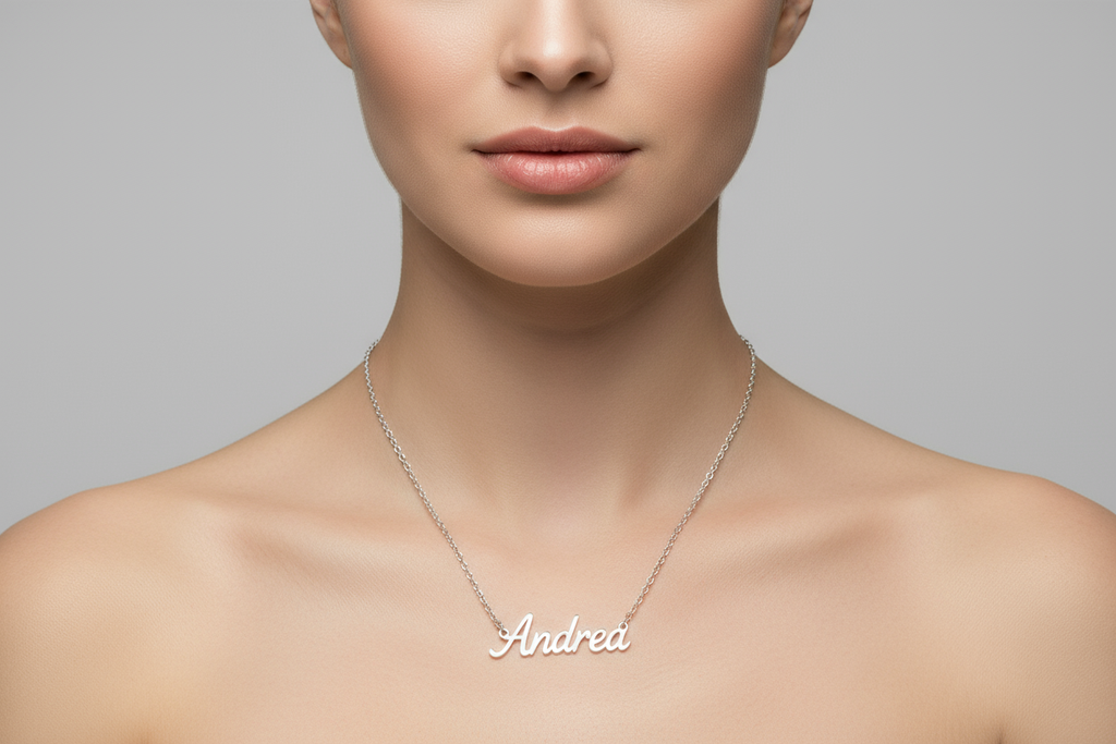 Model wearing Andrea name necklace
