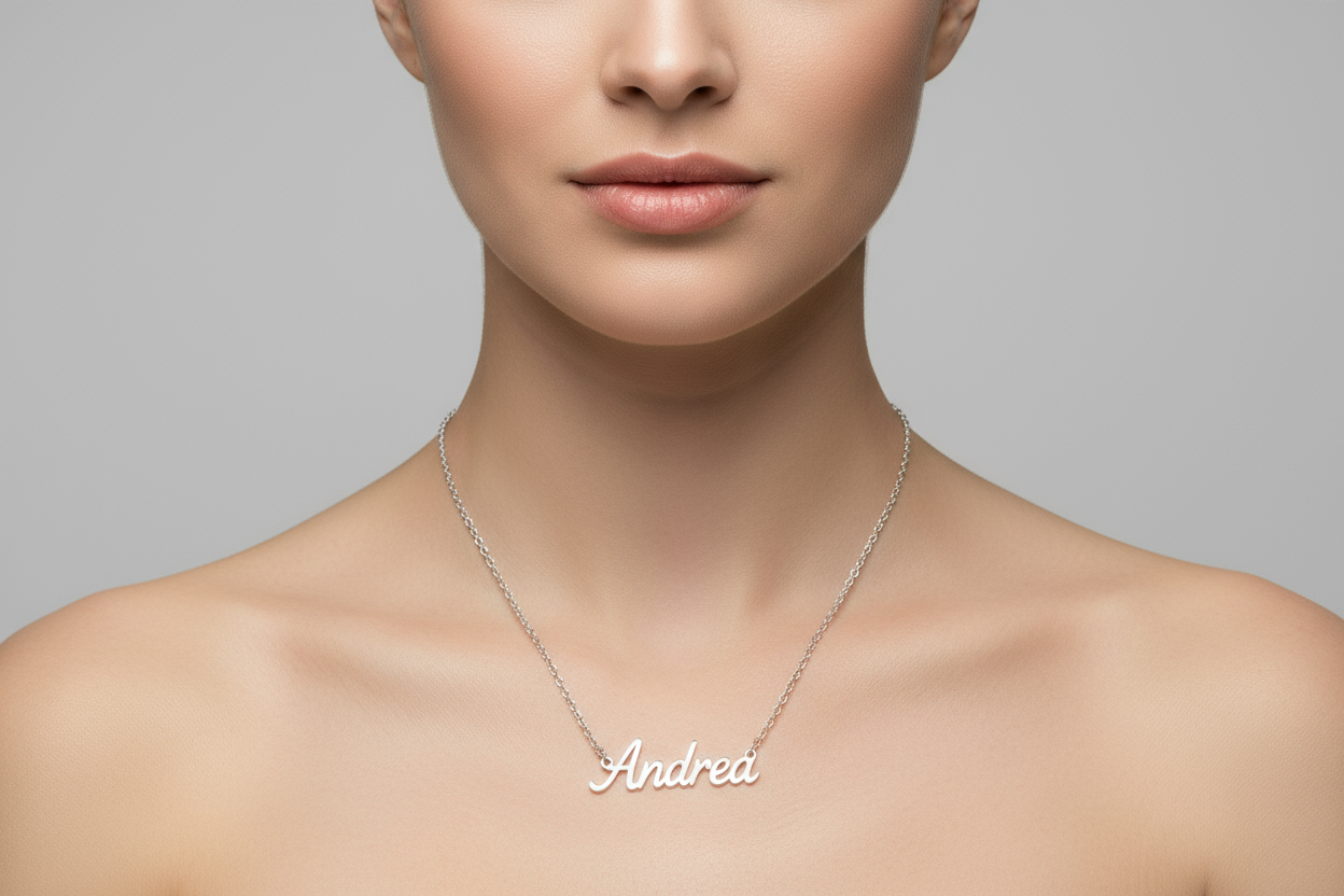 Model wearing Andrea name necklace