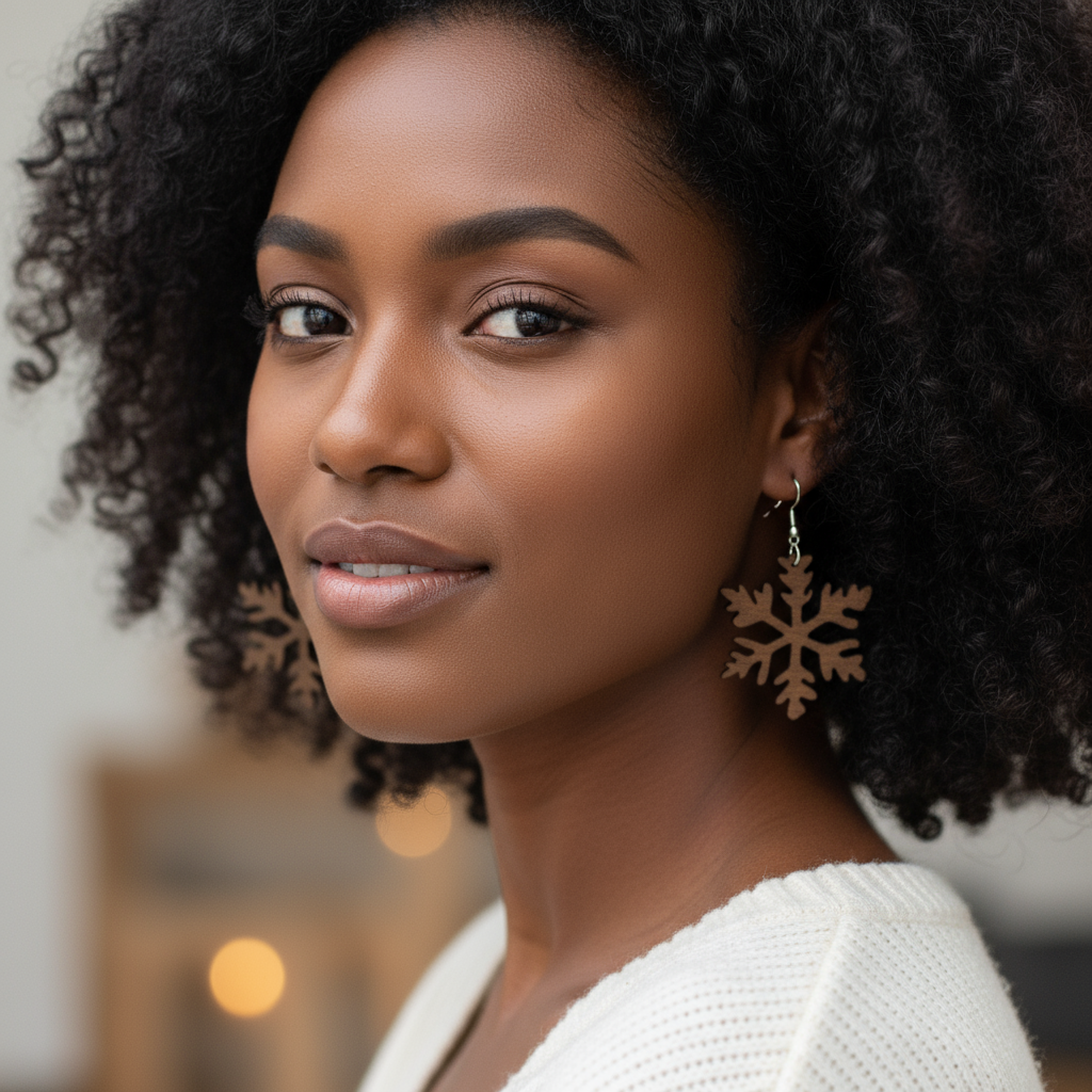 Snowflake earrings on both ears of African model