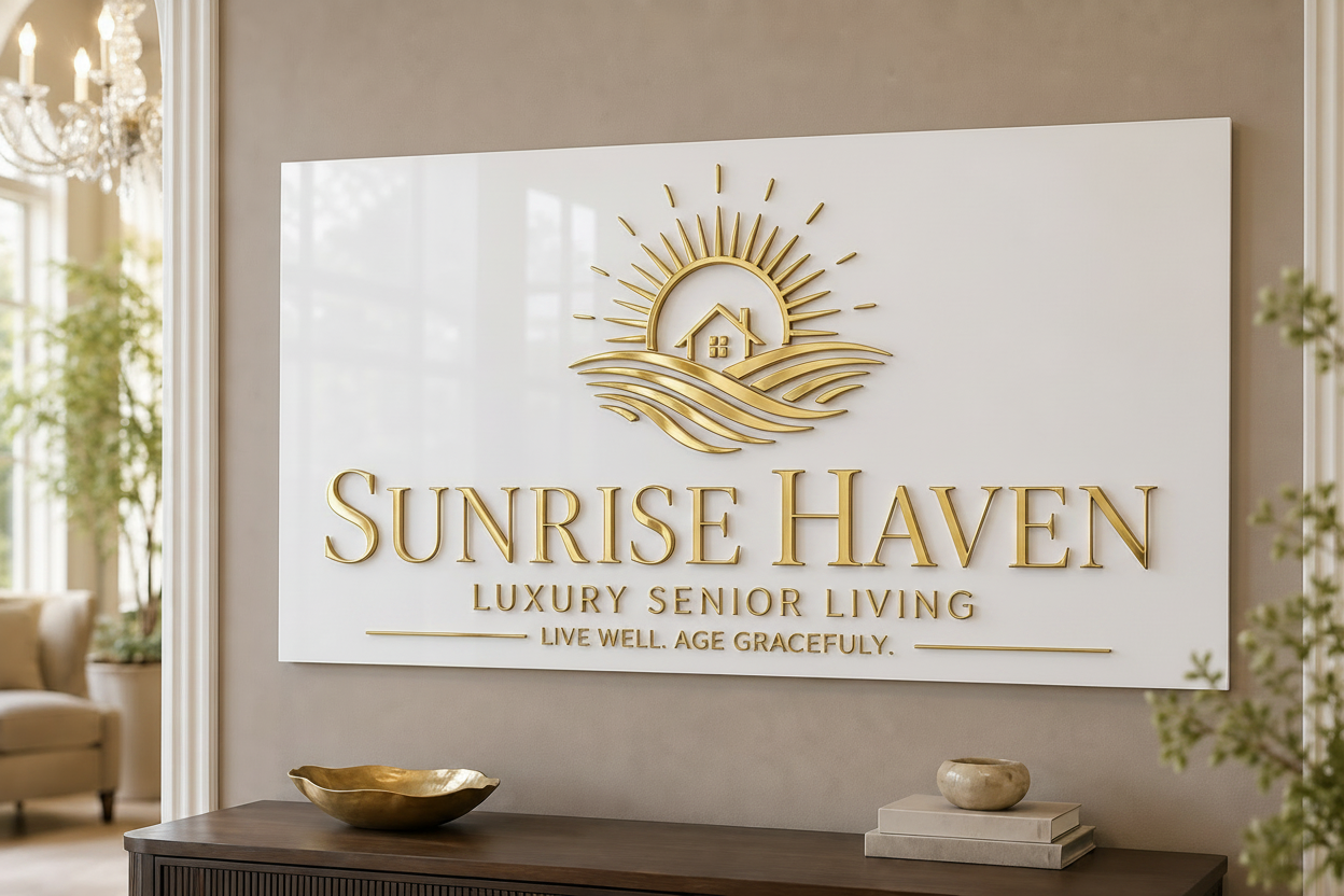 Custom Assisted Living Lobby Sign | Personalized Acrylic Gold 3D Logo Sign