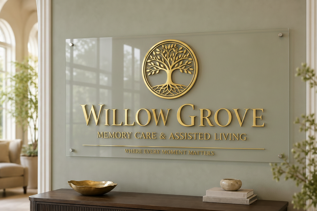 Custom Assisted Living Lobby Sign | Personalized Acrylic Gold 3D Logo Sign