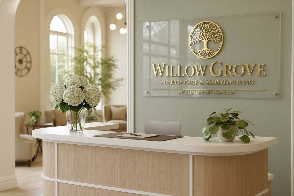 Custom Assisted Living Lobby Sign | Personalized Acrylic Gold 3D Logo Sign